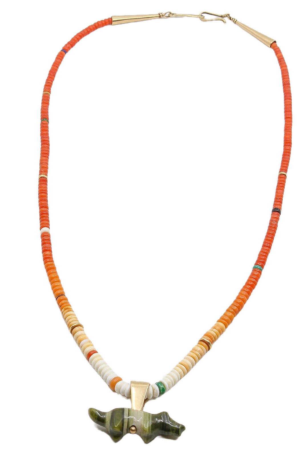 Charles and Clara Lovato Ombre Coral and 14K Necklace With Leekya Deyuse Fetish - Turquoise & Tufa