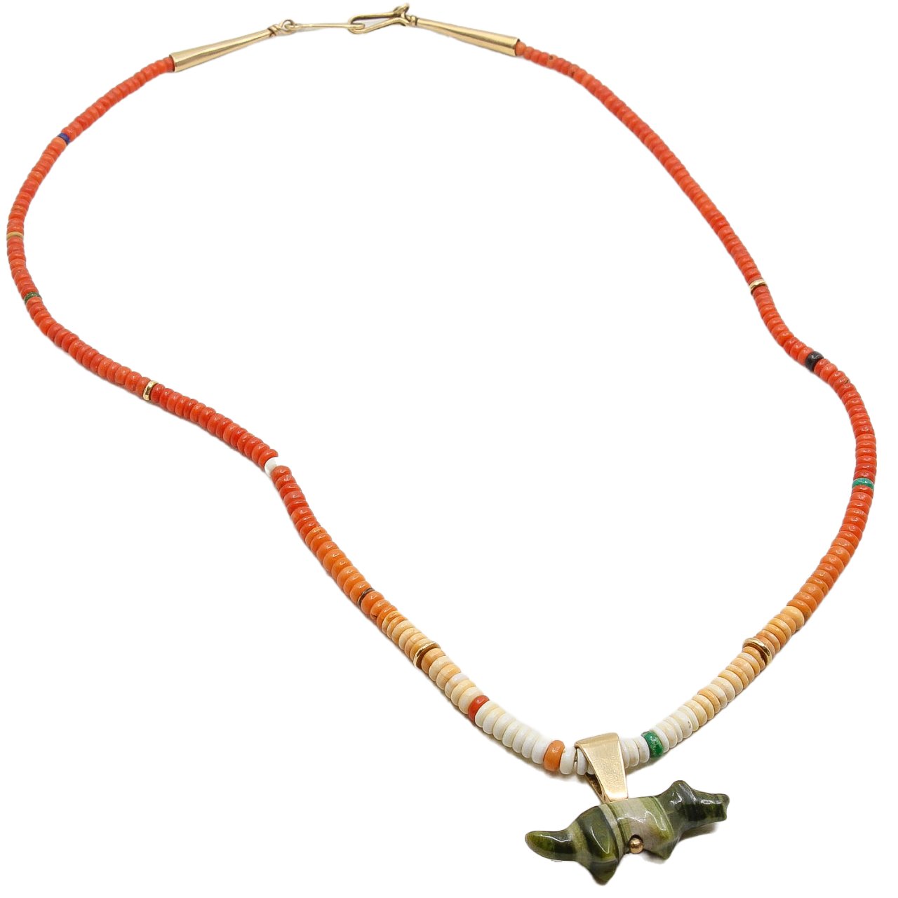 Charles and Clara Lovato Ombre Coral and 14K Necklace With Leekya Deyuse Fetish - Turquoise & Tufa
