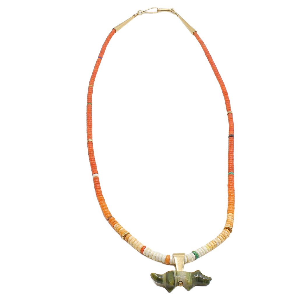 Charles and Clara Lovato Ombre Coral and 14K Necklace With Leekya Deyuse Fetish - Turquoise & Tufa
