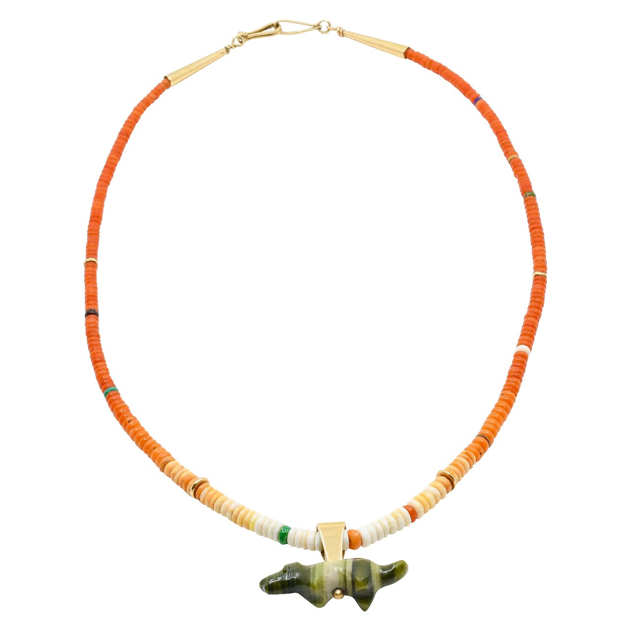 Charles and Clara Lovato Ombre Coral and 14K Necklace With Leekya Deyuse Fetish - Turquoise & Tufa