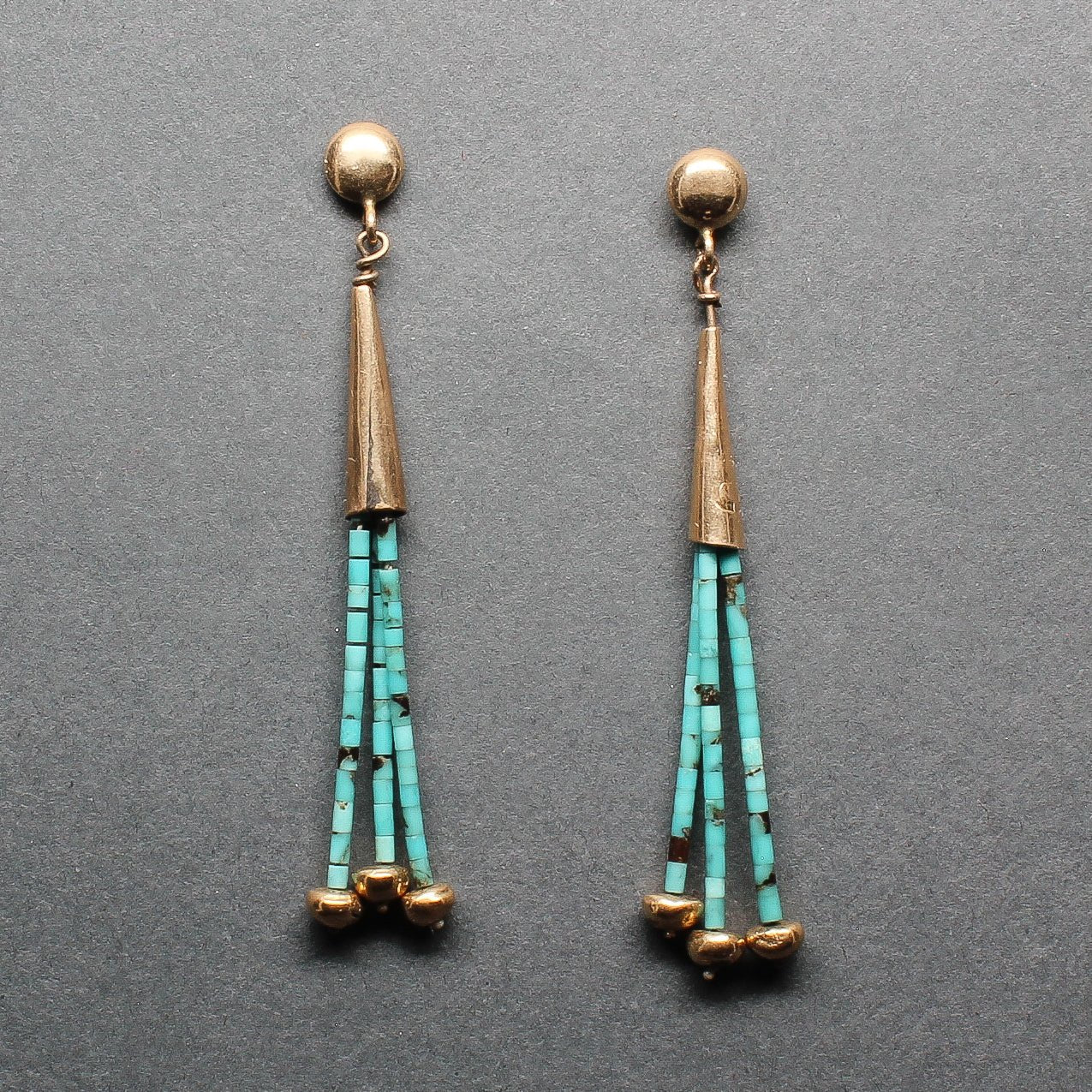 Charles Lovato Dangle Earrings of Turquoise Heishi and Gold - Turquoise & Tufa