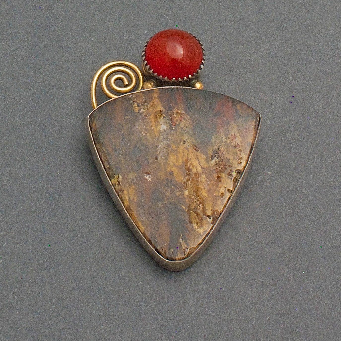Contemporary Brooch By Mike Bird Romero of Carnelian and Agate - Turquoise & Tufa