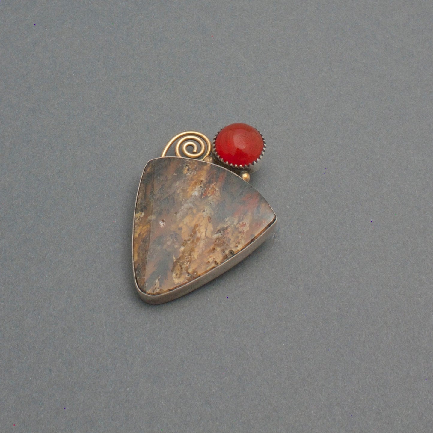 Contemporary Brooch By Mike Bird Romero of Carnelian and Agate - Turquoise & Tufa