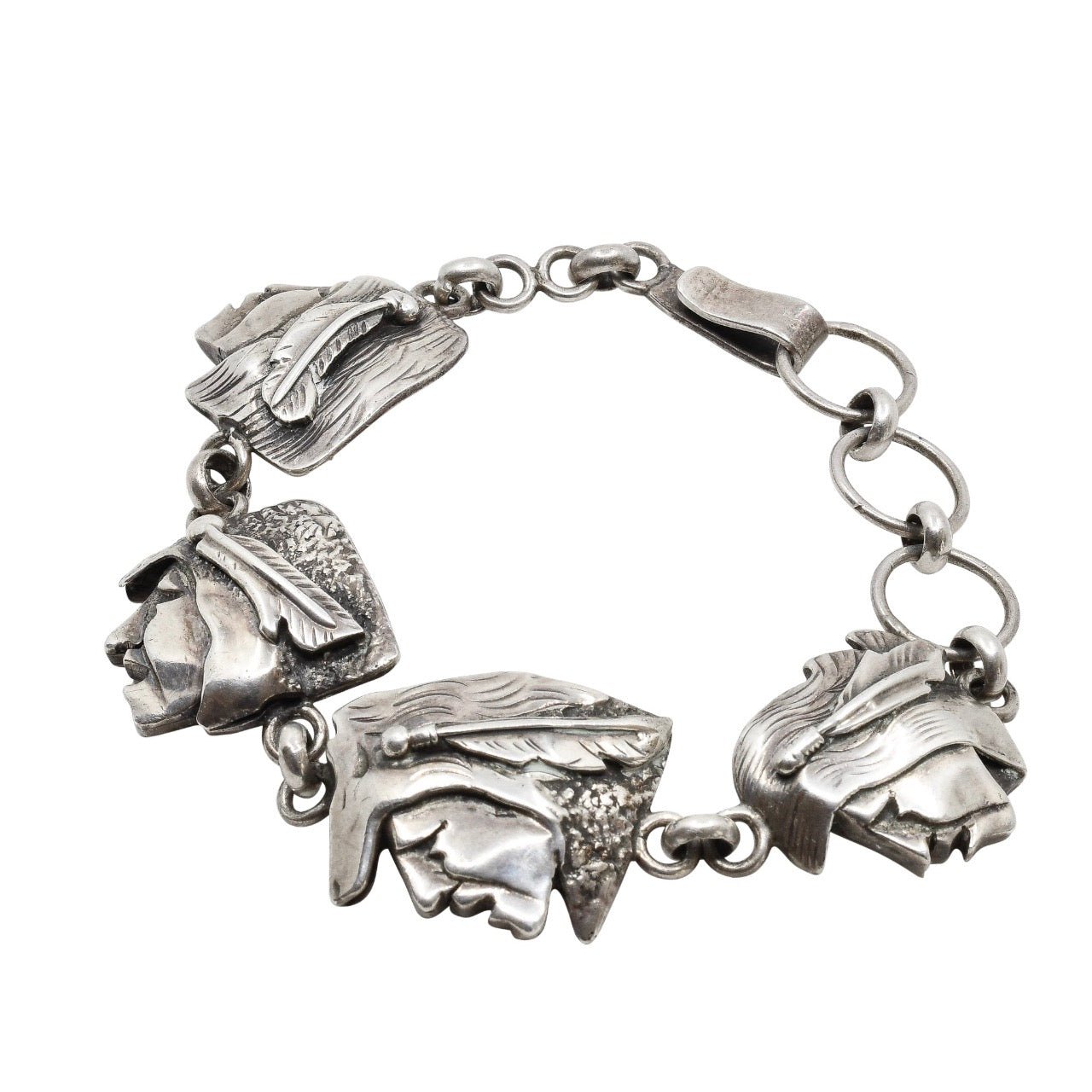 Dan Nieto Silver Link Bracelet Native Figures - Turquoise & Tufa