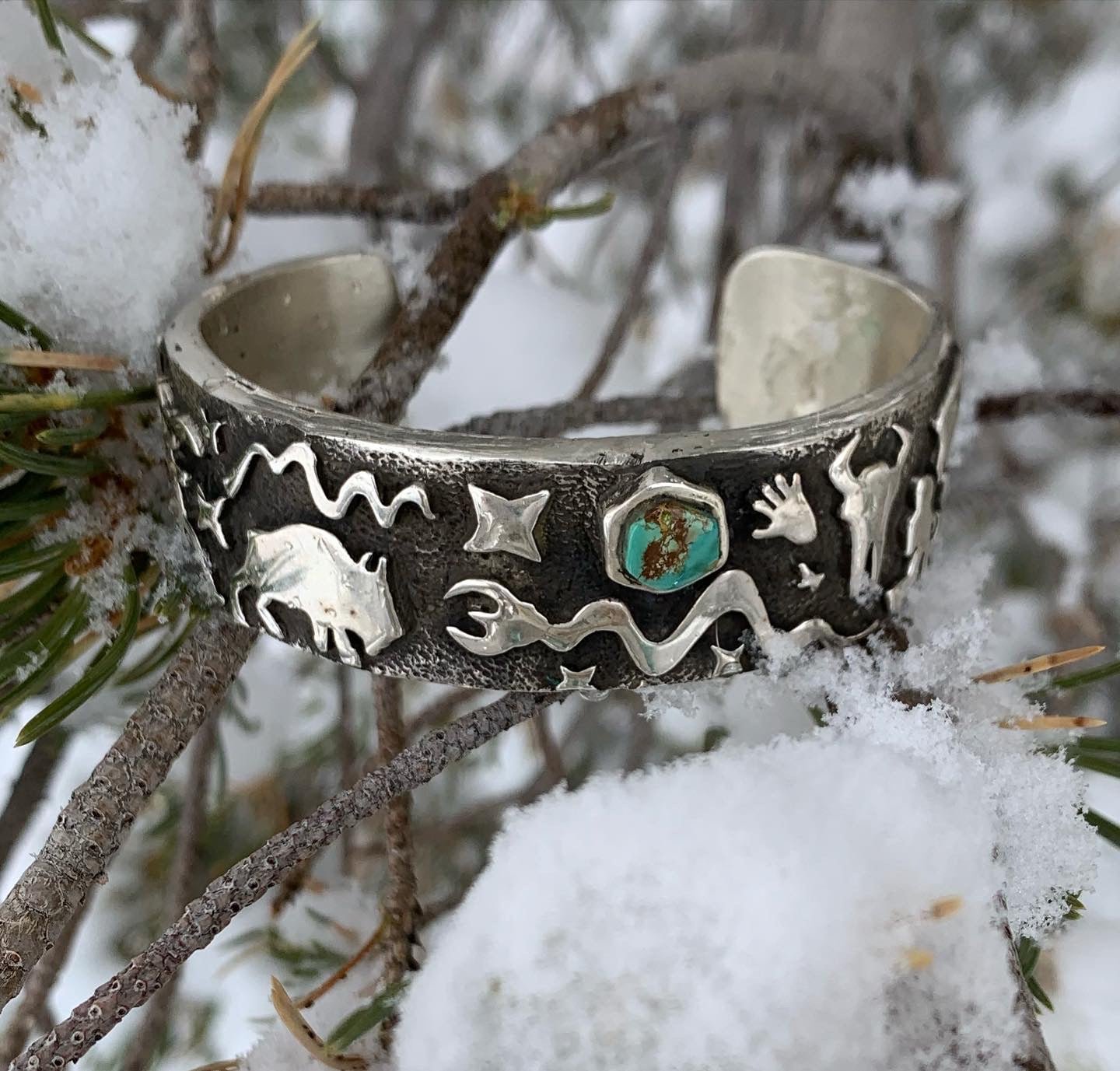 Danny Romero Bracelet of Petroglyphs With Turquoise - Turquoise & Tufa