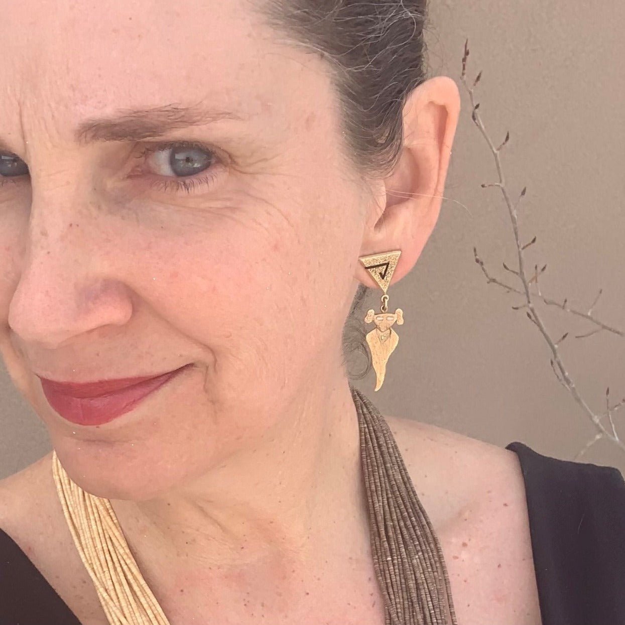 Don Supplee Dangle Earrings of 14kt Gold Maidens - Turquoise & Tufa