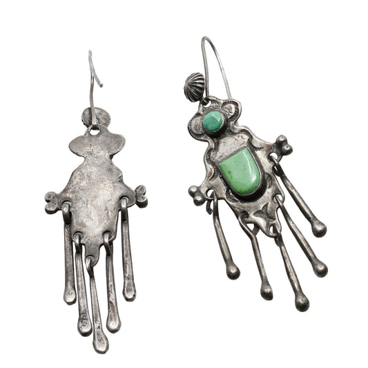 Early Navajo or Pueblo Dangle Earrings of Green Turquoise - Turquoise & Tufa