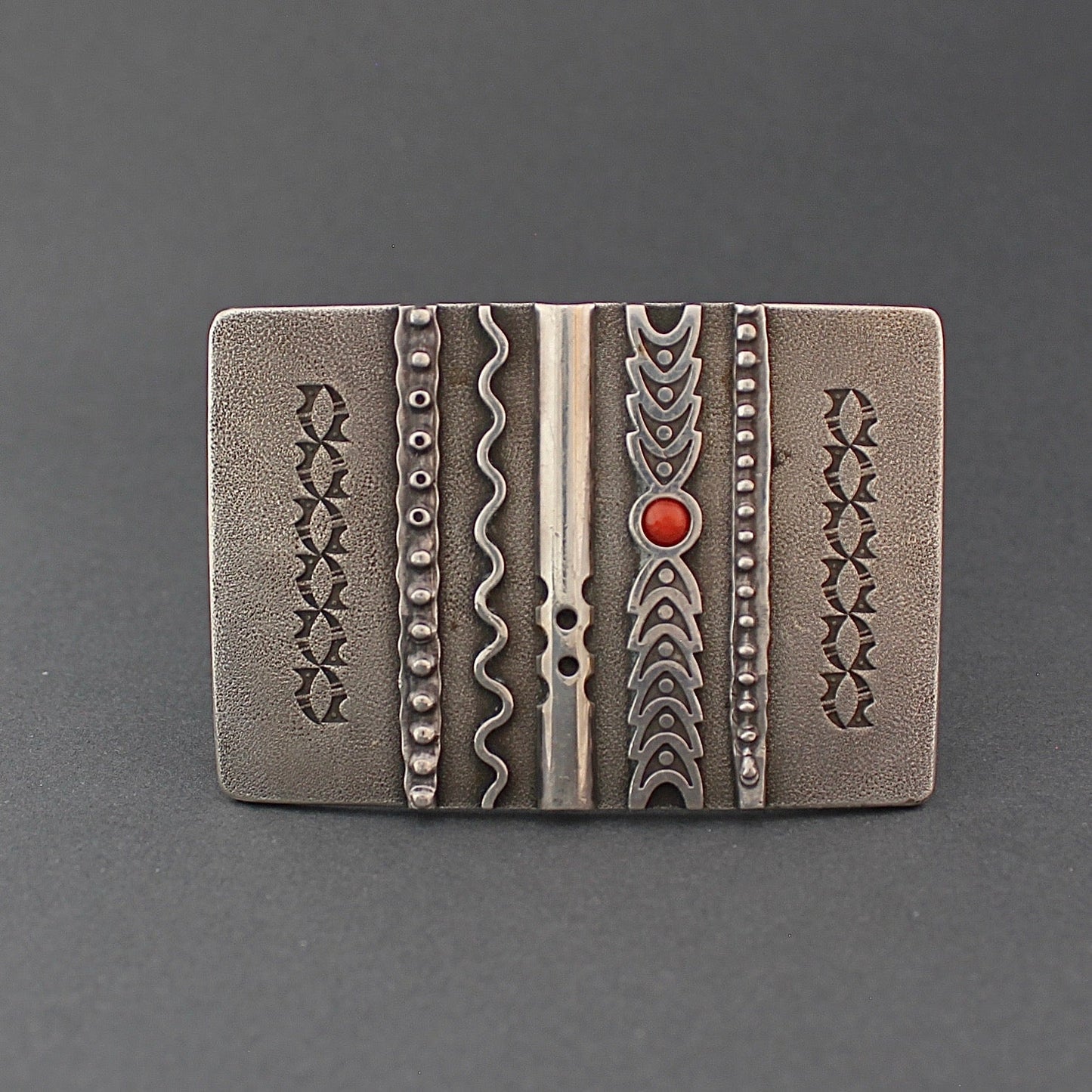 Early Norbert Peshlakai Silver Buckle With Coral - Turquoise & Tufa