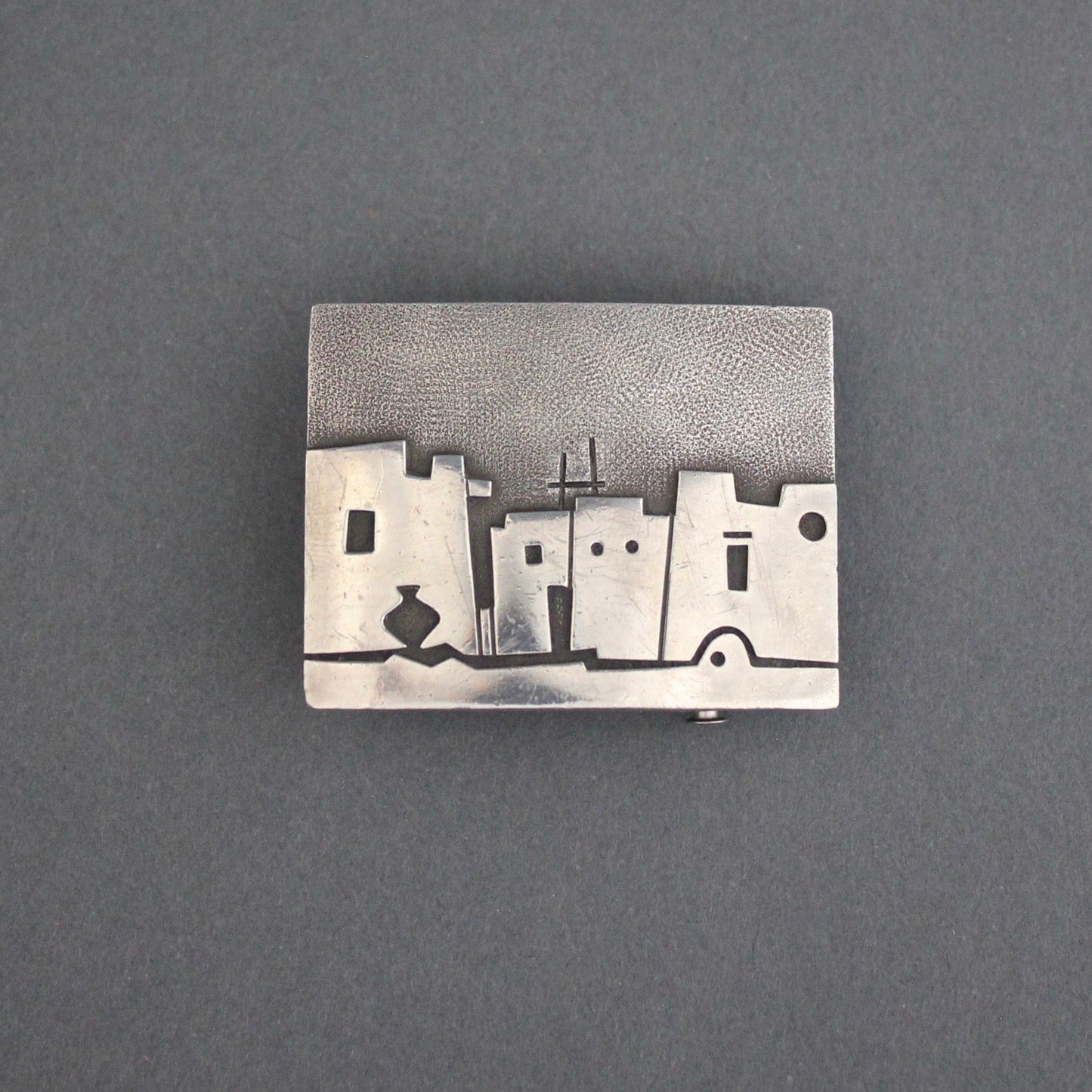 Early Norbert Peshlakai Silver Pueblo Scene Belt Buckle - Turquoise & Tufa