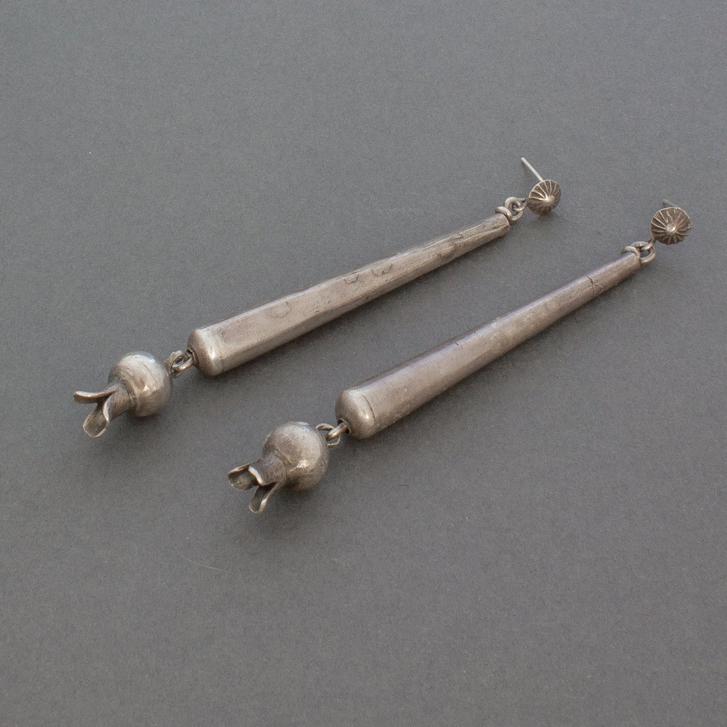 Early Silver Elongated Navajo Cone Dangle Earrings With Blossoms - Turquoise & Tufa