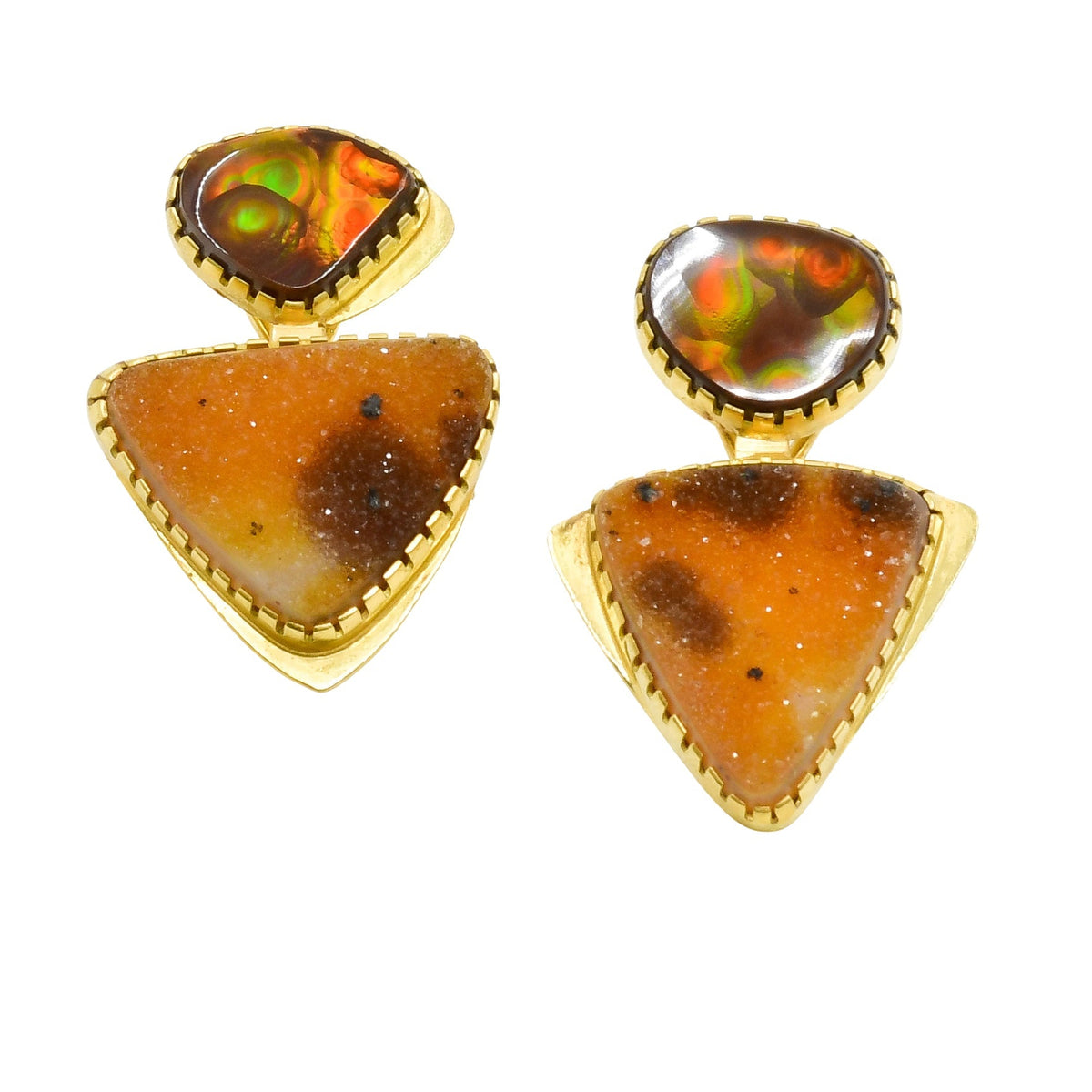Earrings by Gail Bird and Yazzie Johnson of 18kt Gold Fire Agate and Drusy Quartz - Turquoise & Tufa