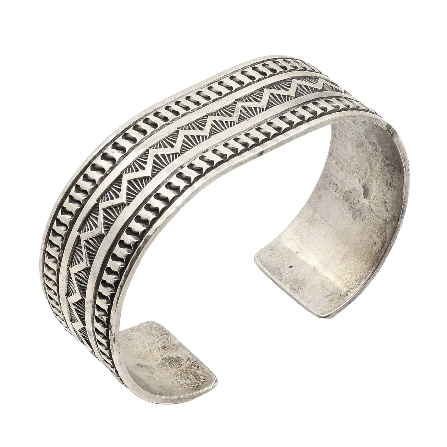 Extra Large Vintage Navajo Silver Stamped Bracelet By Ben Yellowhorse - Turquoise & Tufa