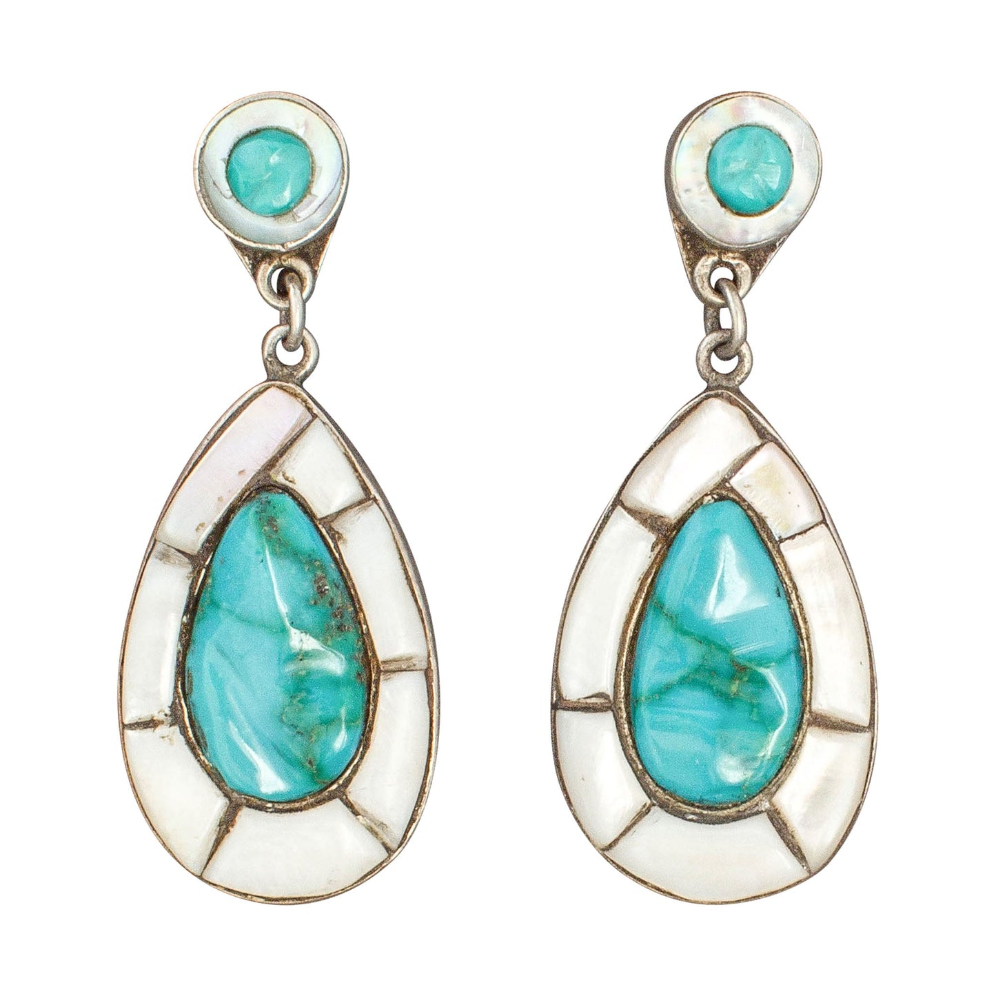 Fine Historic Zuni Turquoise Dangle Earrings Early Handcut Stones - Turquoise & Tufa
