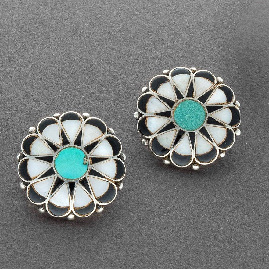 Frank Vacit Zuni Inlay Floral Earrings - Turquoise & Tufa