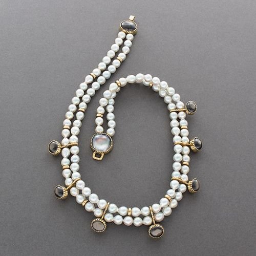 Gail Bird and Yazzie Johnson Necklace of Chinese Baroque Pearls - Turquoise & Tufa
