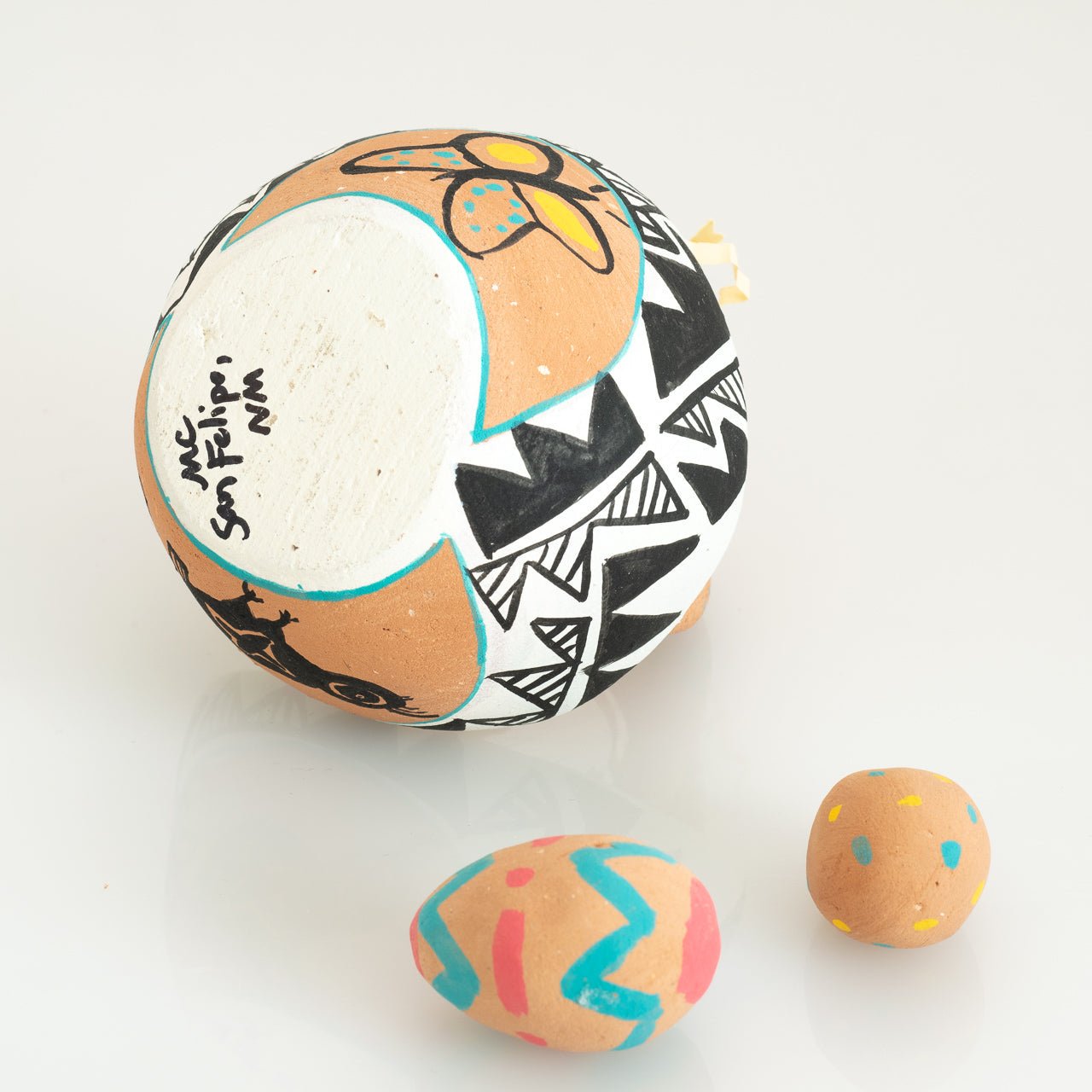 Hand Built Pottery Easter Basket And Eggs From San Felipe Pueblo - Turquoise & Tufa