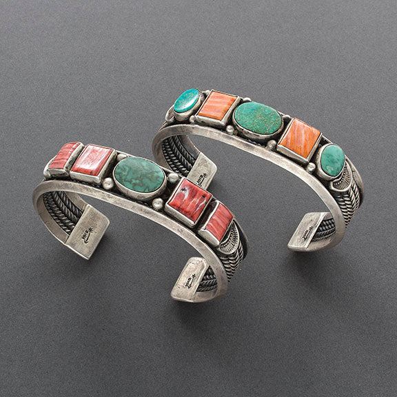 Harry H. Begay Vintage Navajo Cuff of Turquoise and Red Spiny Oyster - Turquoise & Tufa