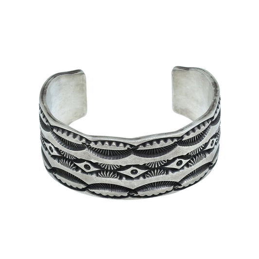 Heavy Stamped Navajo Silver Bracelet by Nora Tahe - Turquoise & Tufa