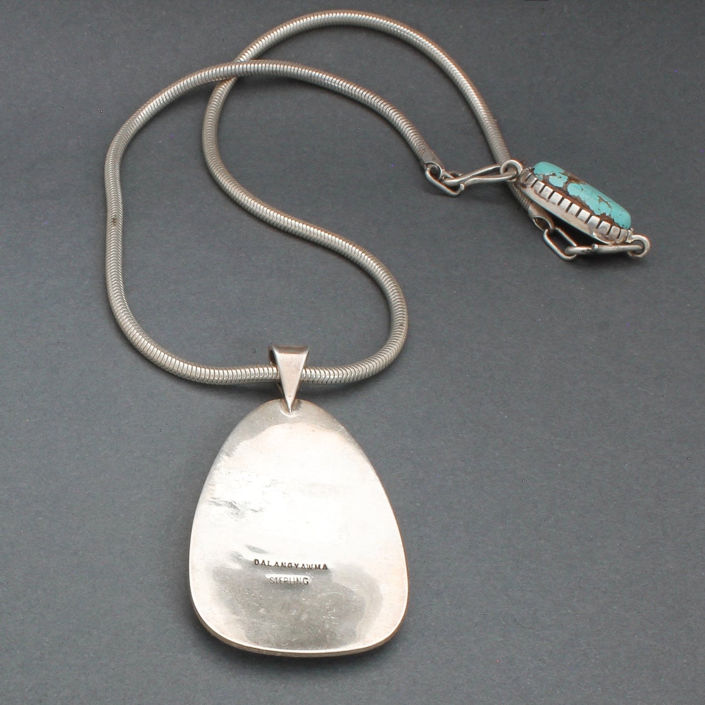 Hopi Overlay Bird Man Necklace By Ramon Dalangyawma - Turquoise & Tufa