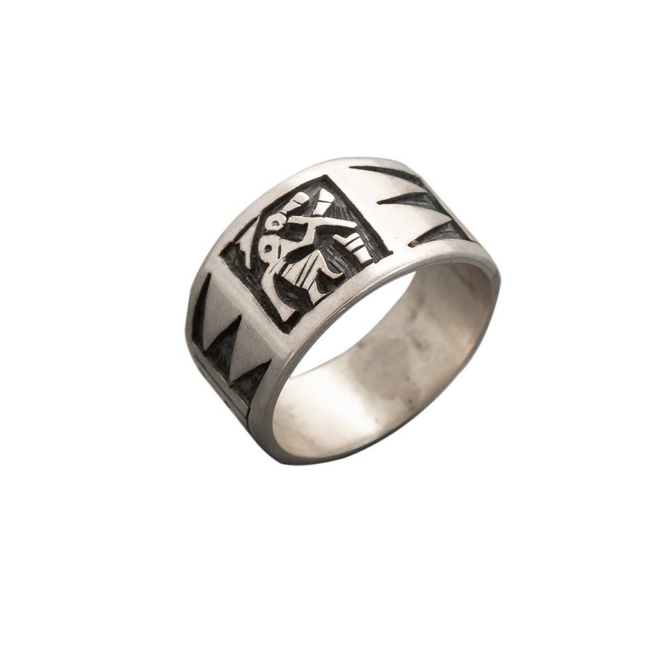 Hopi Overlay Silver Ring By Darren Silas With Flute Player - Turquoise & Tufa