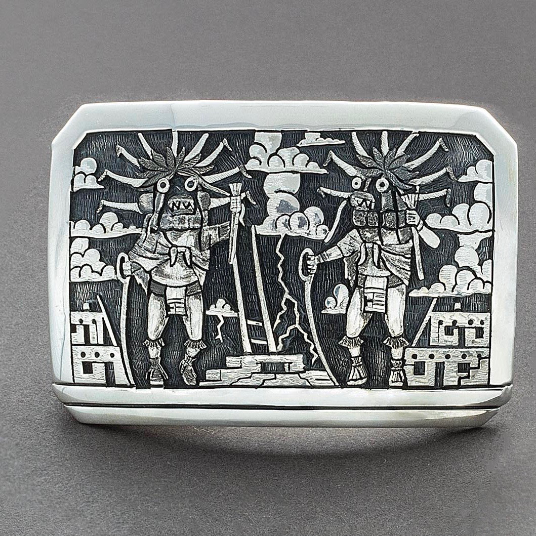 Hopi Silver Overlay Buckle of Ogre Katsinas by Bennett Kagenveama - Turquoise & Tufa