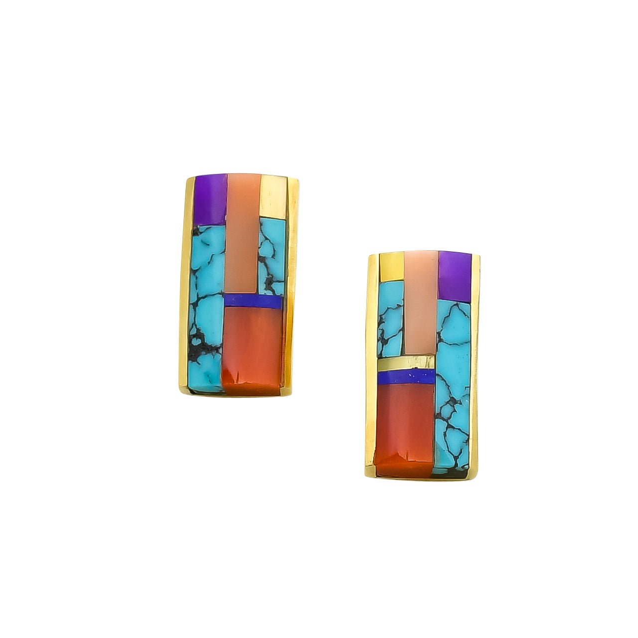 Jimmie King Jr. Earrings of Gold and Multi-Stone Inlay - Turquoise & Tufa