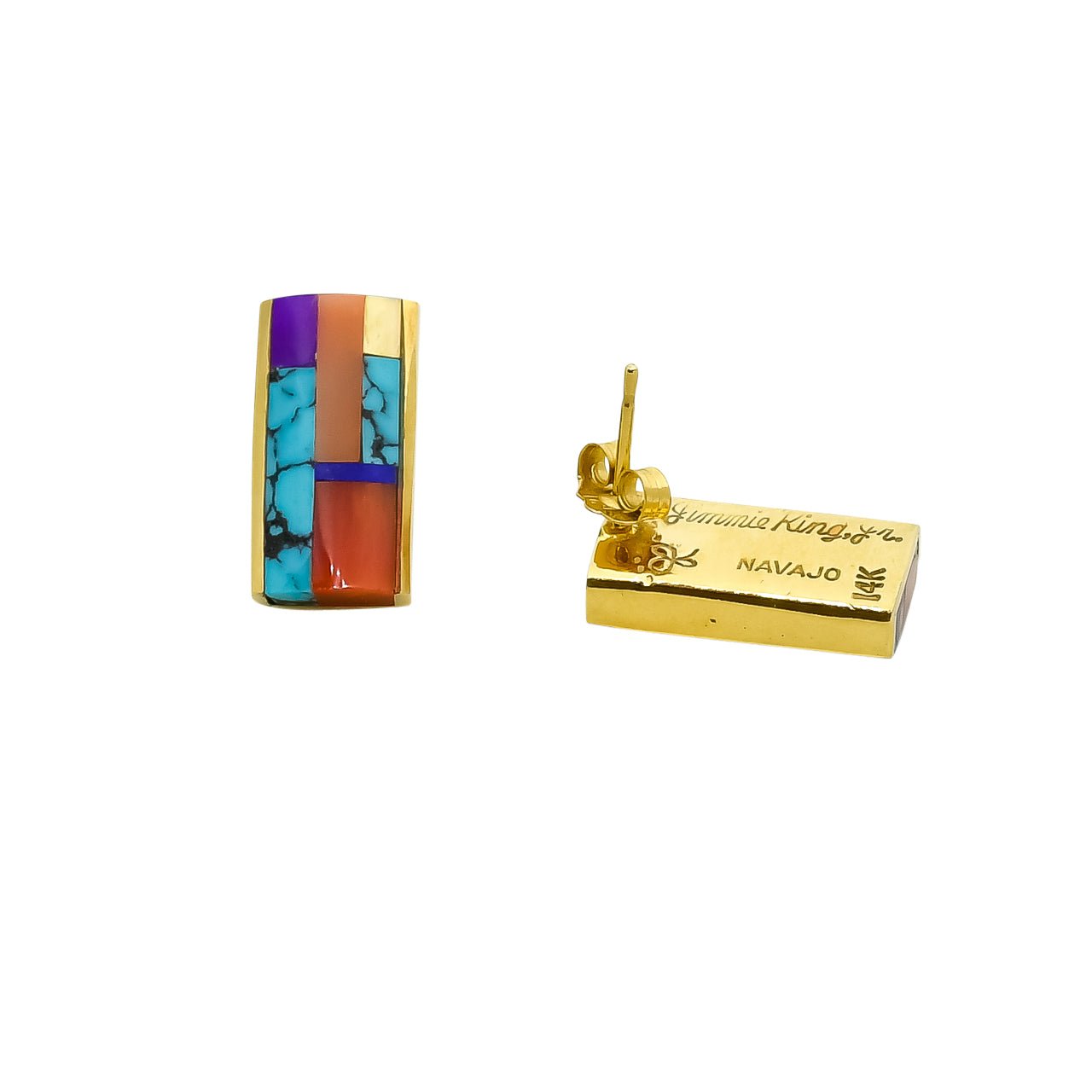 Jimmie King Jr. Earrings of Gold and Multi-Stone Inlay - Turquoise & Tufa