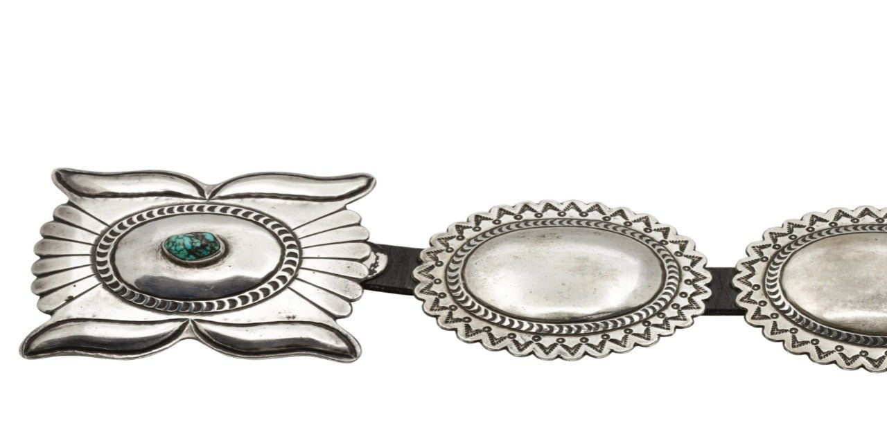 Joe H. Quintana Silver Concho Belt With Turquoise Buckle - Turquoise & Tufa