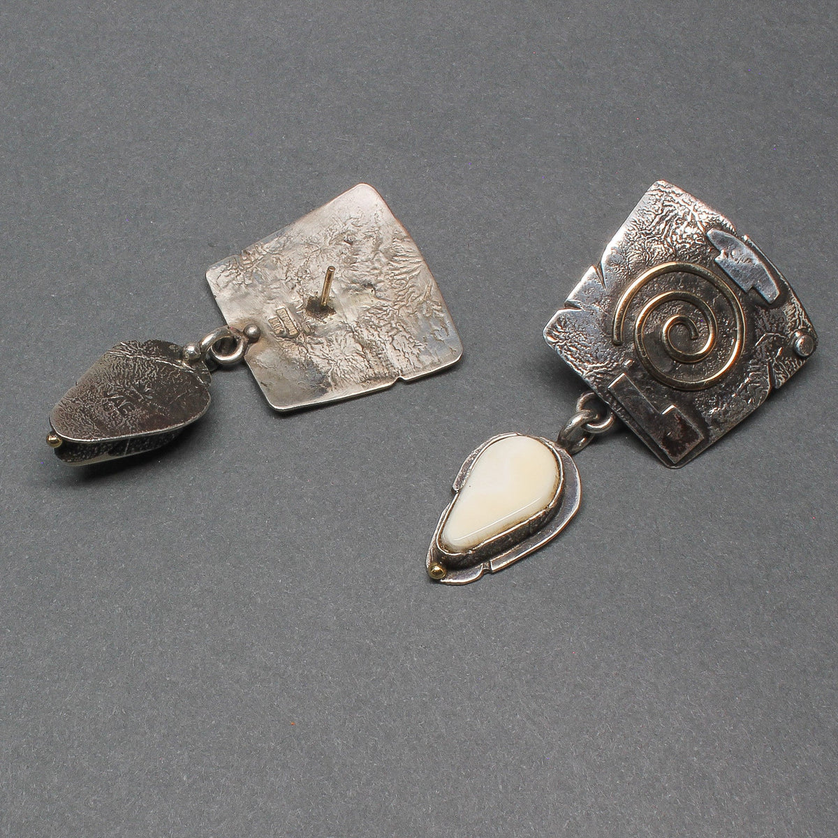 Jolene Eustace Dangle Earrings of Silver, 18kt Gold and Fossilized Ivory - Turquoise & Tufa