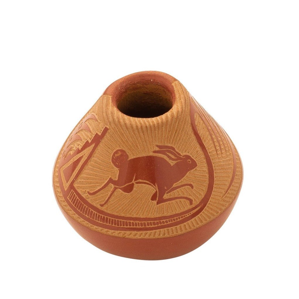 Joseph Lonewolf Redware Miniature Jar of Rabbit - Turquoise & Tufa
