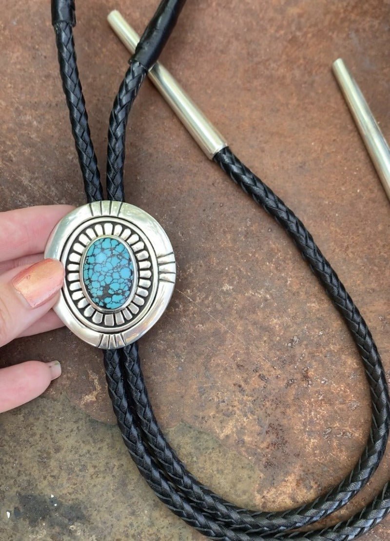 Julian Lovato Bolo of Natural Nevada Blue Turquoise - Turquoise & Tufa