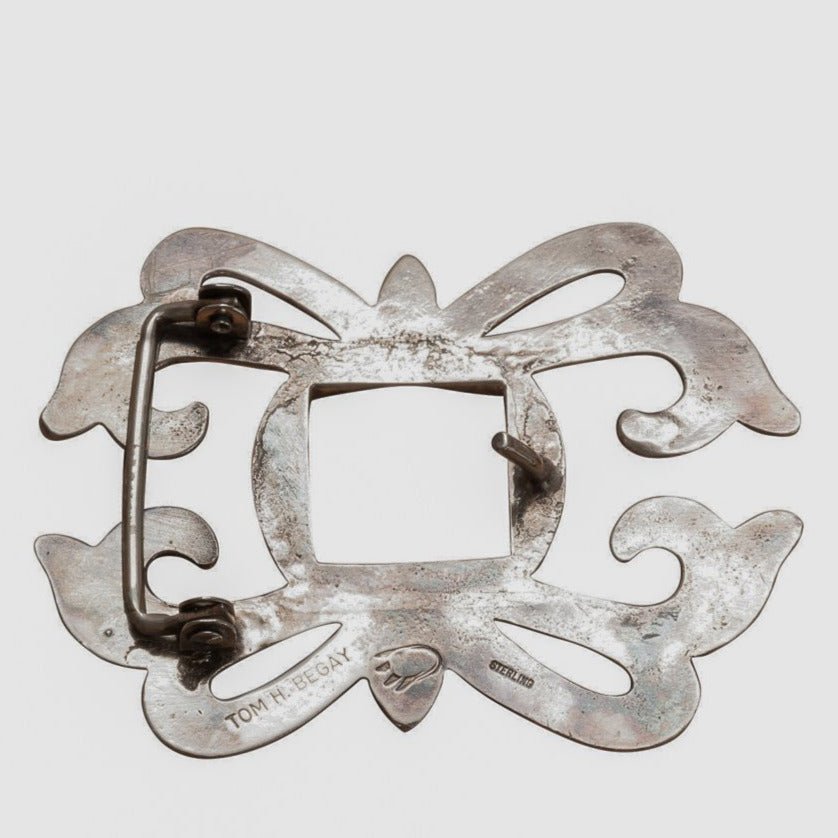 Large Vintage Navajo Silver Sand Cast Buckle By Tom H. Begay - Turquoise & Tufa