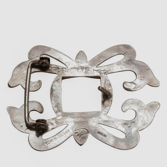 Large Vintage Navajo Silver Sand Cast Buckle By Tom H. Begay - Turquoise & Tufa