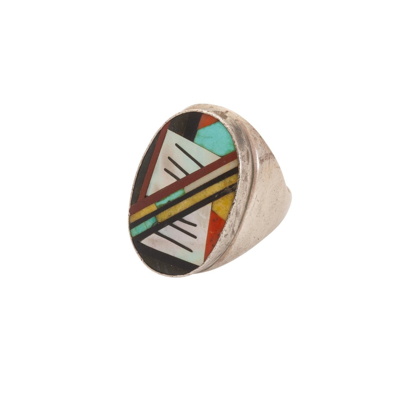 Large Vintage Zuni Inlay Mens Ring Of Multi-Stone Mosaic Inlay - Turquoise & Tufa