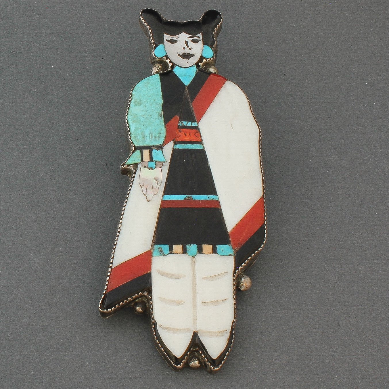 Large Vintage Zuni Inlay Pin of a Hopi Maiden – Turquoise & Tufa
