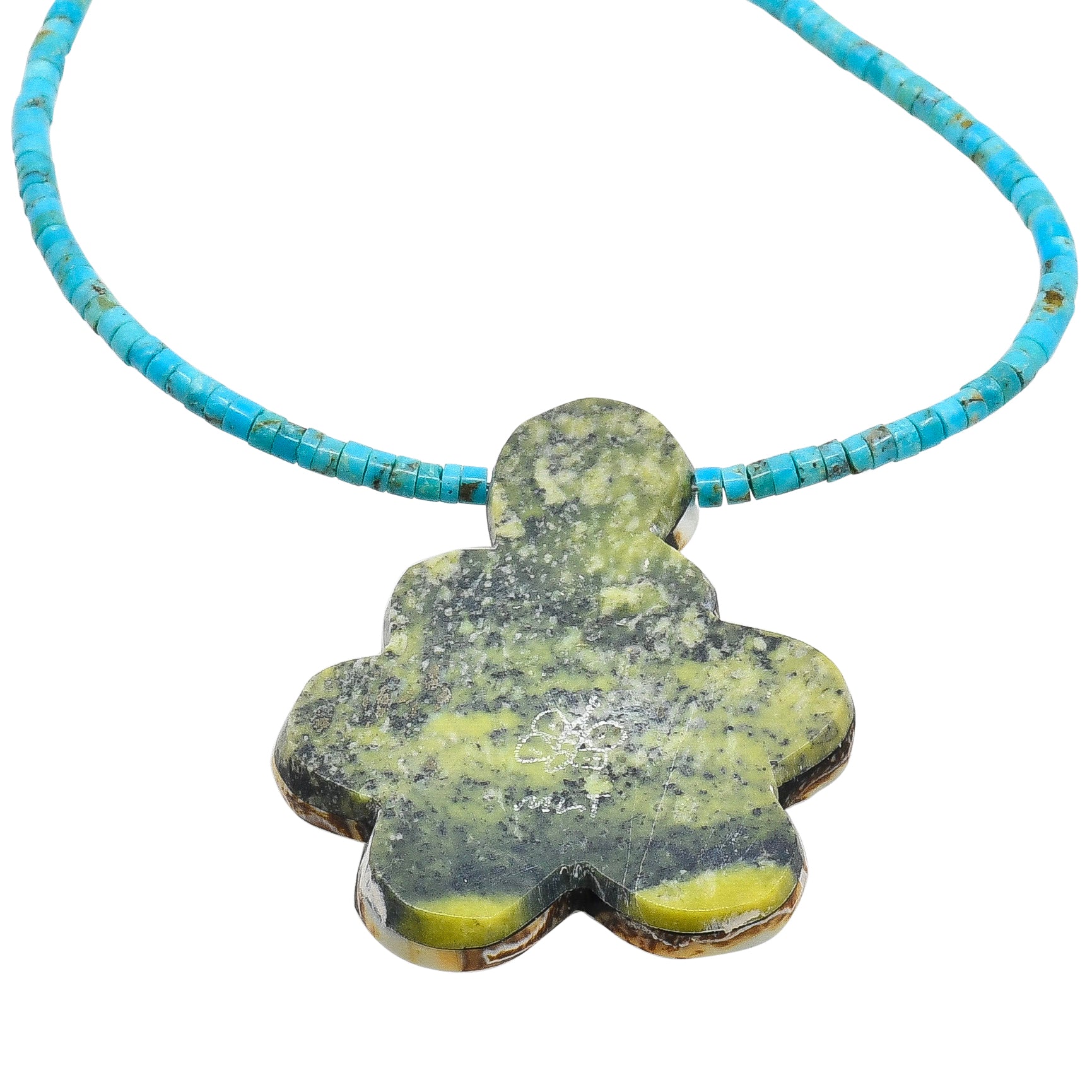 Mary Tafoya Necklace of Inlay Flower on Turquoise - Turquoise & Tufa