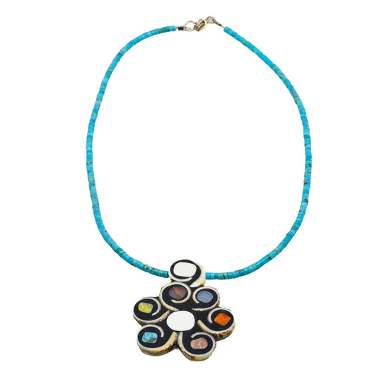 Mary Tafoya Necklace of Inlay Flower on Turquoise - Turquoise & Tufa