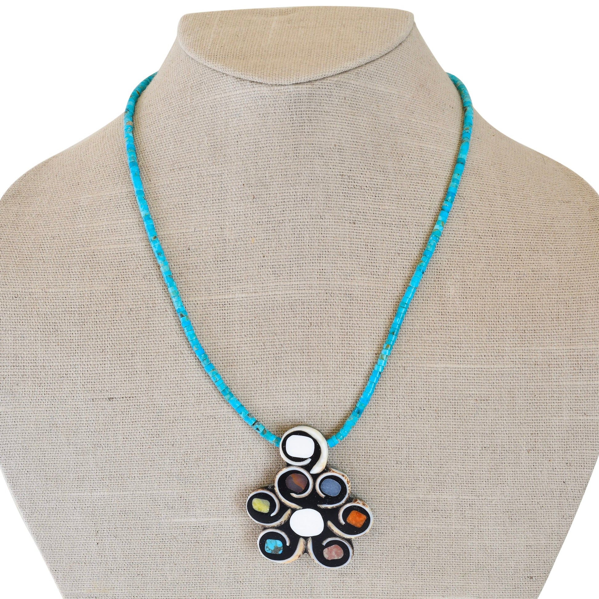 Mary Tafoya Necklace of Inlay Flower on Turquoise - Turquoise & Tufa
