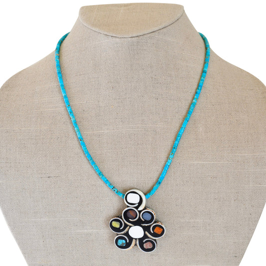 Mary Tafoya Necklace of Inlay Flower on Turquoise - Turquoise & Tufa