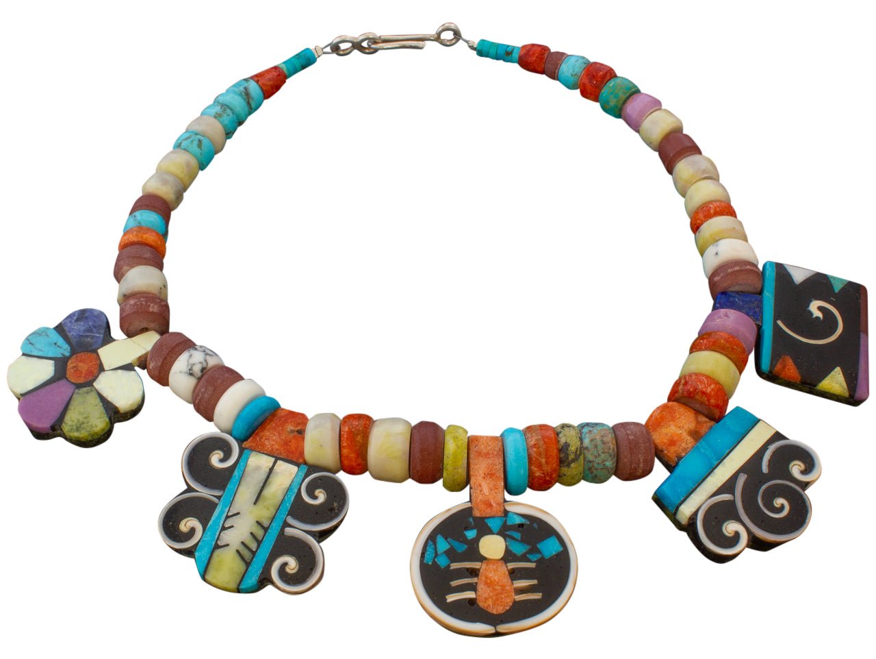 Mary Tafoya Necklace of Mosaic Inlay Flower Pendants - Turquoise & Tufa