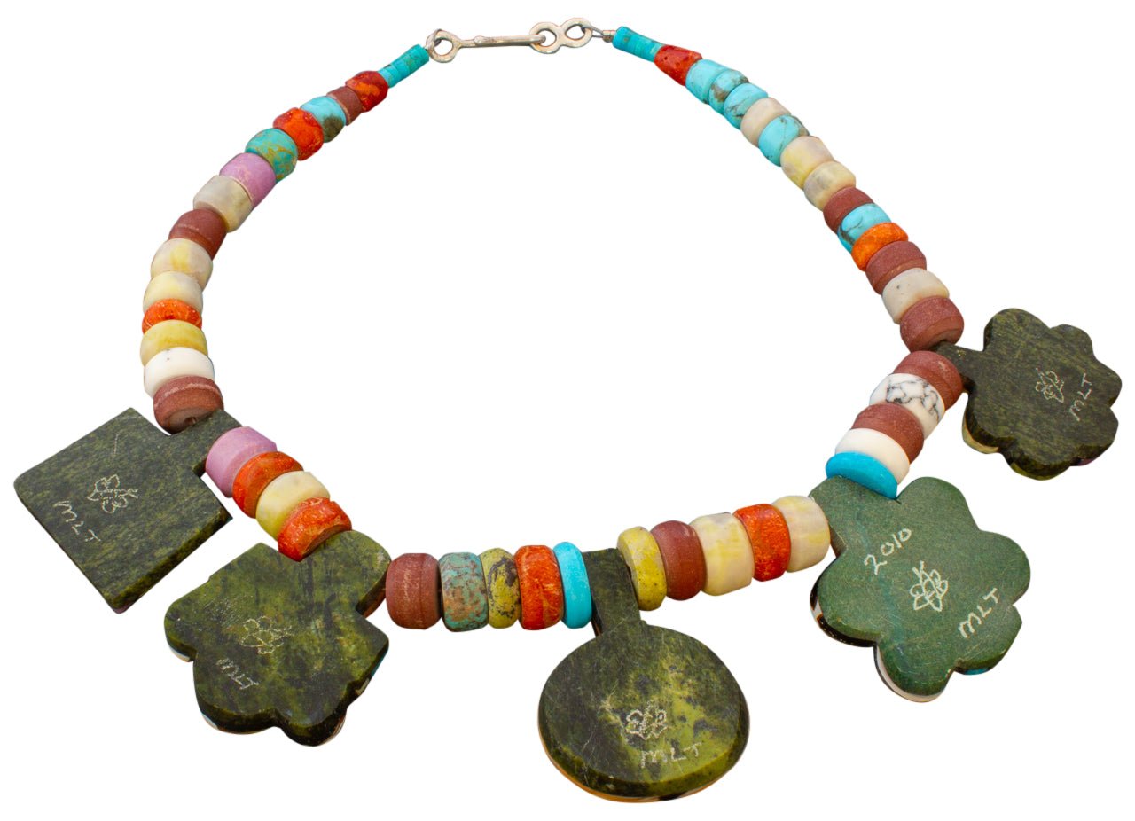 Mary Tafoya Necklace of Mosaic Inlay Flower Pendants - Turquoise & Tufa