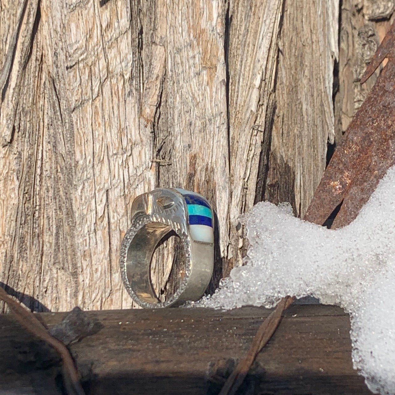 Michael Little Elk Ring of Inlay Eagle - Turquoise & Tufa