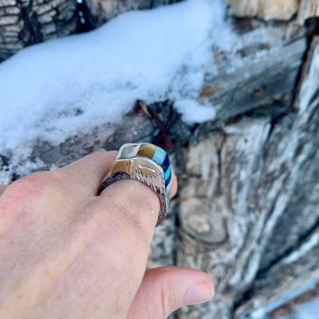 Michael Little Elk Ring of Inlay Eagle - Turquoise & Tufa