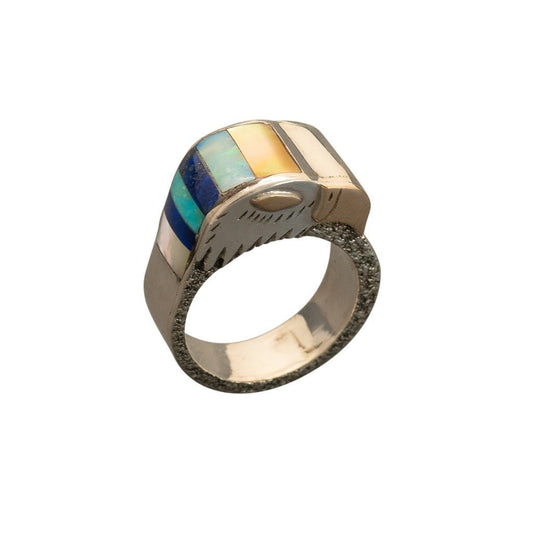 Michael Little Elk Ring of Inlay Eagle - Turquoise & Tufa