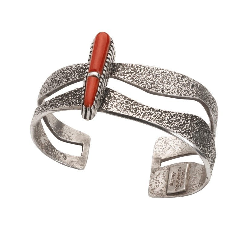Michael Roanhorse Silver Bracelet Set With Red Coral - Turquoise & Tufa