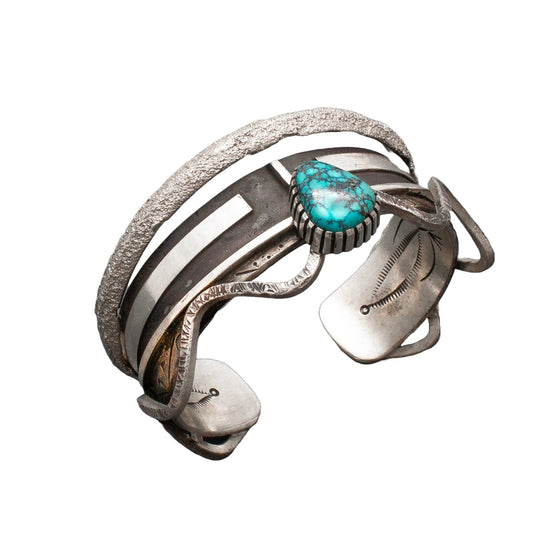 Michael Roanhorse Silver Tufa Cast Katsina Bracelet - Turquoise & Tufa