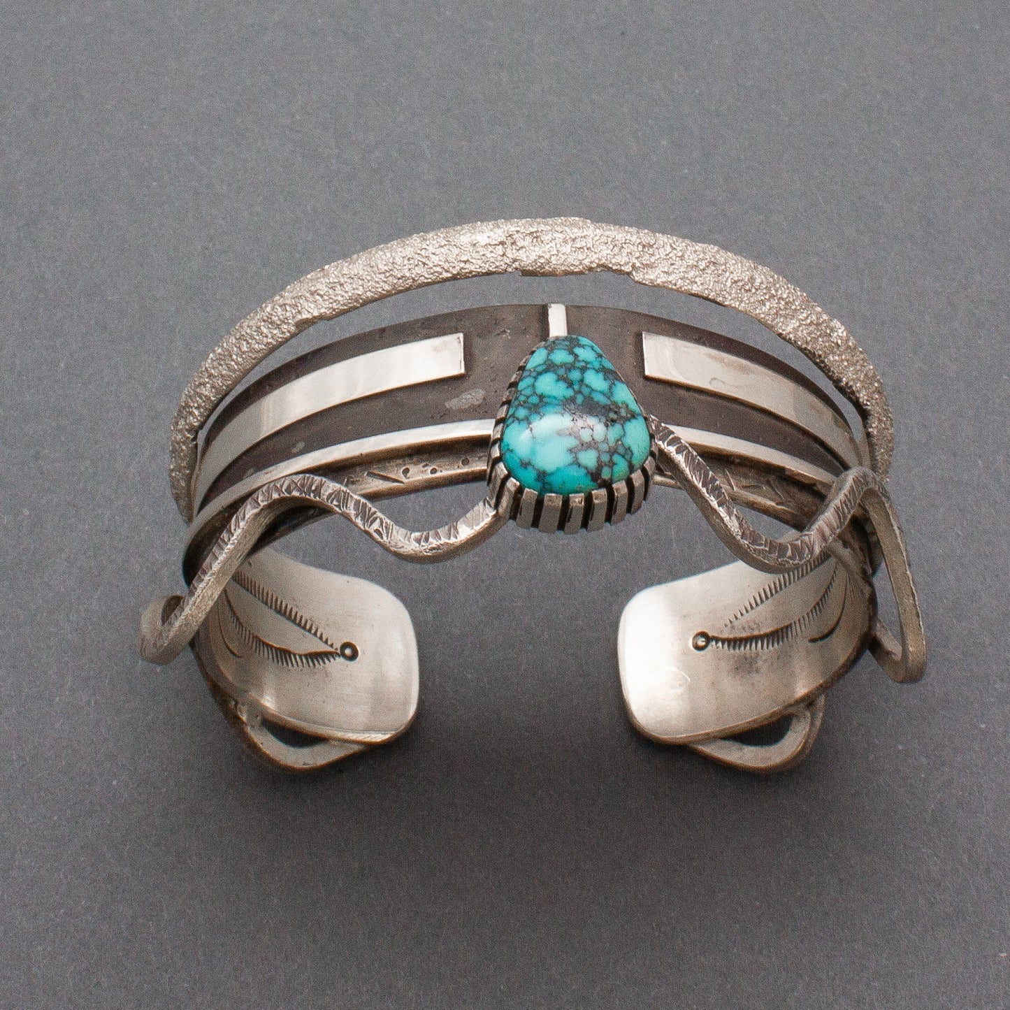 Michael Roanhorse Silver Tufa Cast Katsina Bracelet - Turquoise & Tufa