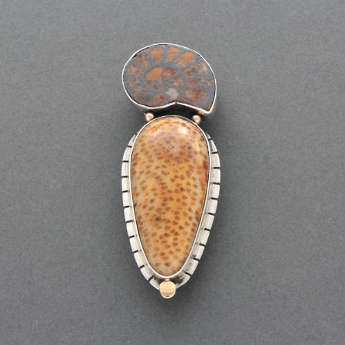 Mike Bird Romero Silver Pin of Petrified Palm Wood and Fossilized Shell - Turquoise & Tufa