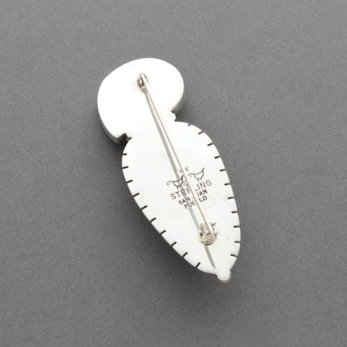 Mike Bird Romero Silver Pin of Petrified Palm Wood and Fossilized Shell - Turquoise & Tufa