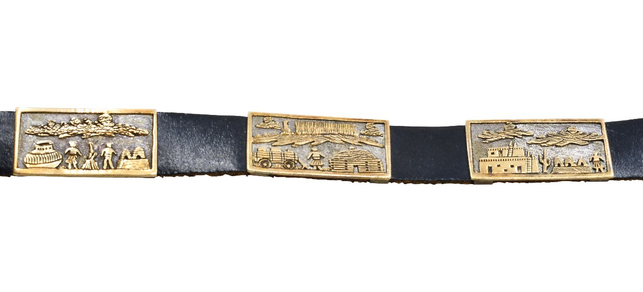 Navajo Eugene Hale Storyteller Belt Of Silver and Gold Overlay - Turquoise & Tufa